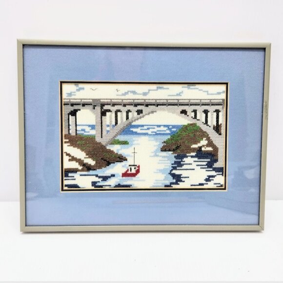 3 Framed Prints Blue Needlepoint Water pictures, Boating Bridge Lighthouse - Picture 2 of 8